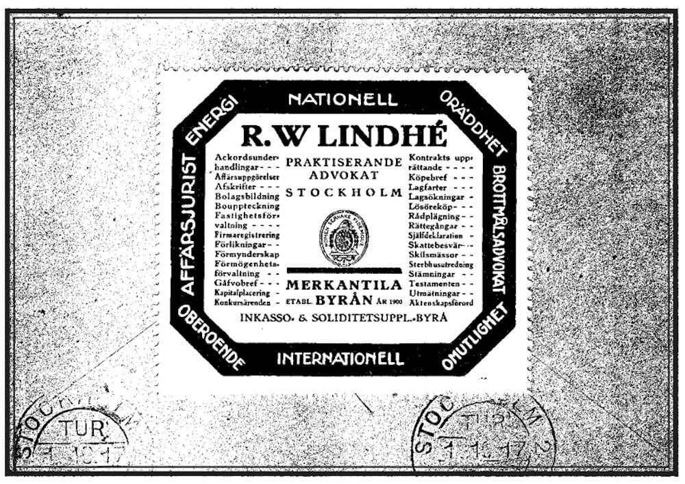 Gammalt tryck med texten R.W. Lindhé, praktiserande advokat, Stockholm, Merkantila Byrån, inkasso och soliditetsupplysningar.